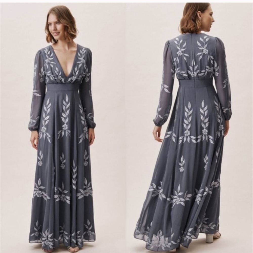 BHLDN Slate Blue Embroidered V-Neck Wedding Dress - Fits like a Sz 12